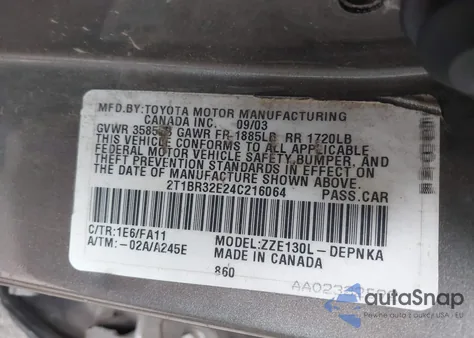 2004 Toyota Corolla Le z USA, uszkodzony, nr VIN 2T1BR32E24C216064